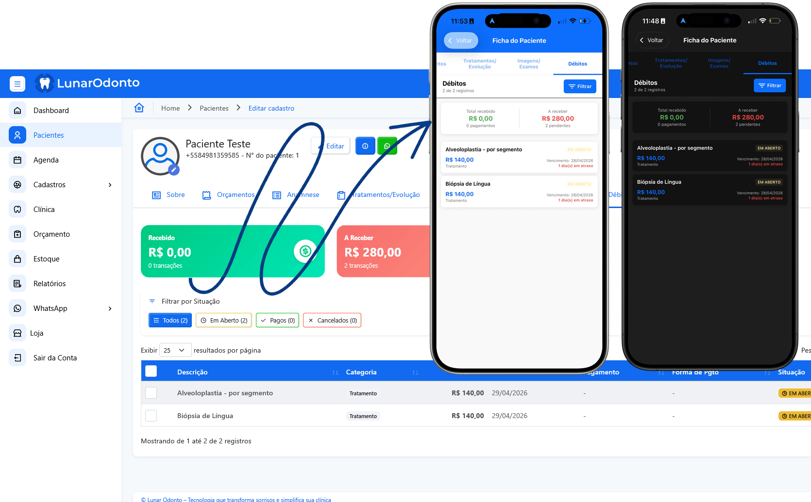 Modulo financeiro no web e no app Lunar Odonto